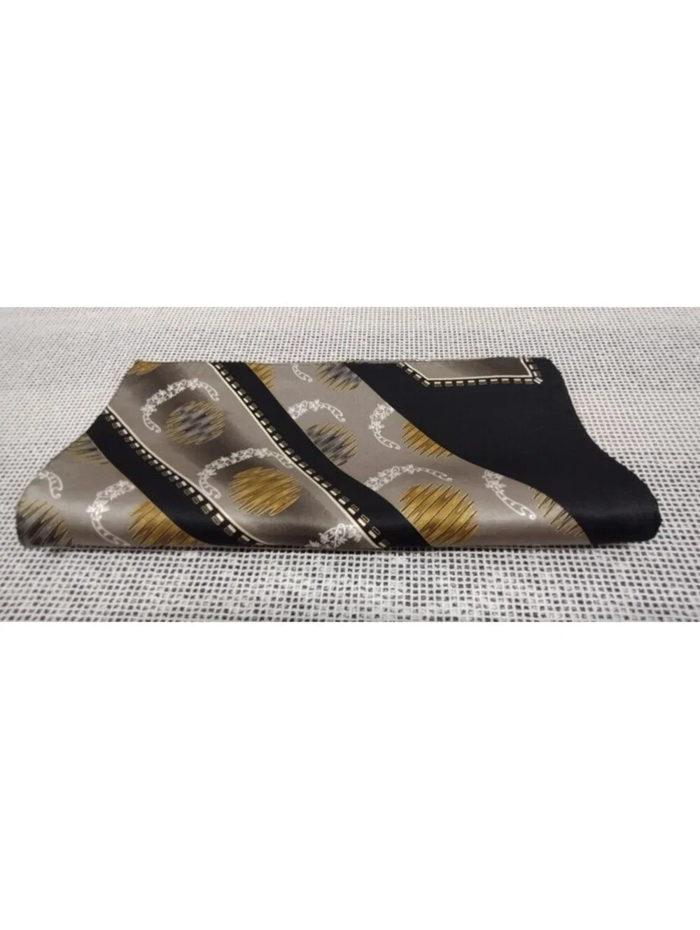Vintage Fine Silk Hankie Art Deco Design Black Gray Gold Accents 1980s Menswear